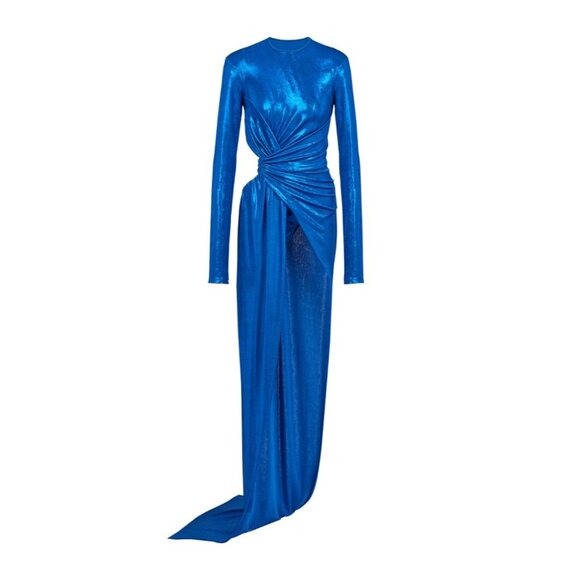 Balmain Womens Draped Laminated Jersey Long Dress in Bleu Electric 38 New Gown - Picture 11 of 16